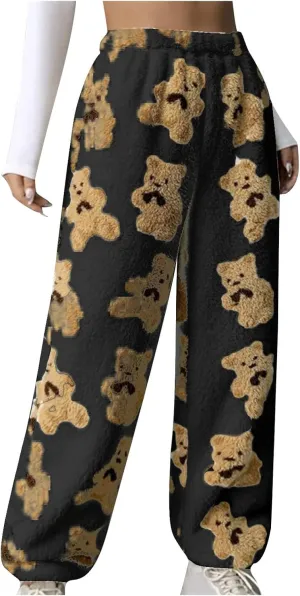 Women's Winter Plush Pants Fluffy Pj Pants Women Cartoon Cute Bear Pjs Bottoms Pants Fuzzy Fleece Pajamas Pants