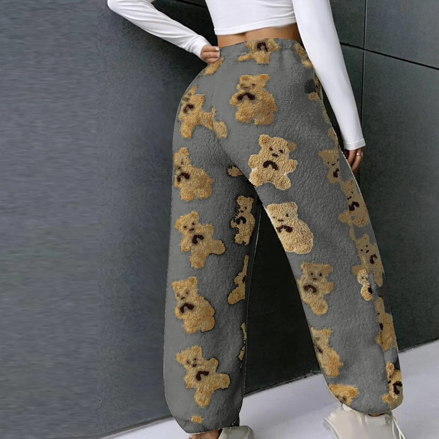 Women's Winter Plush Pants Fluffy Pj Pants Women Cartoon Cute Bear Pjs Bottoms Pants Fuzzy Fleece Pajamas Pants