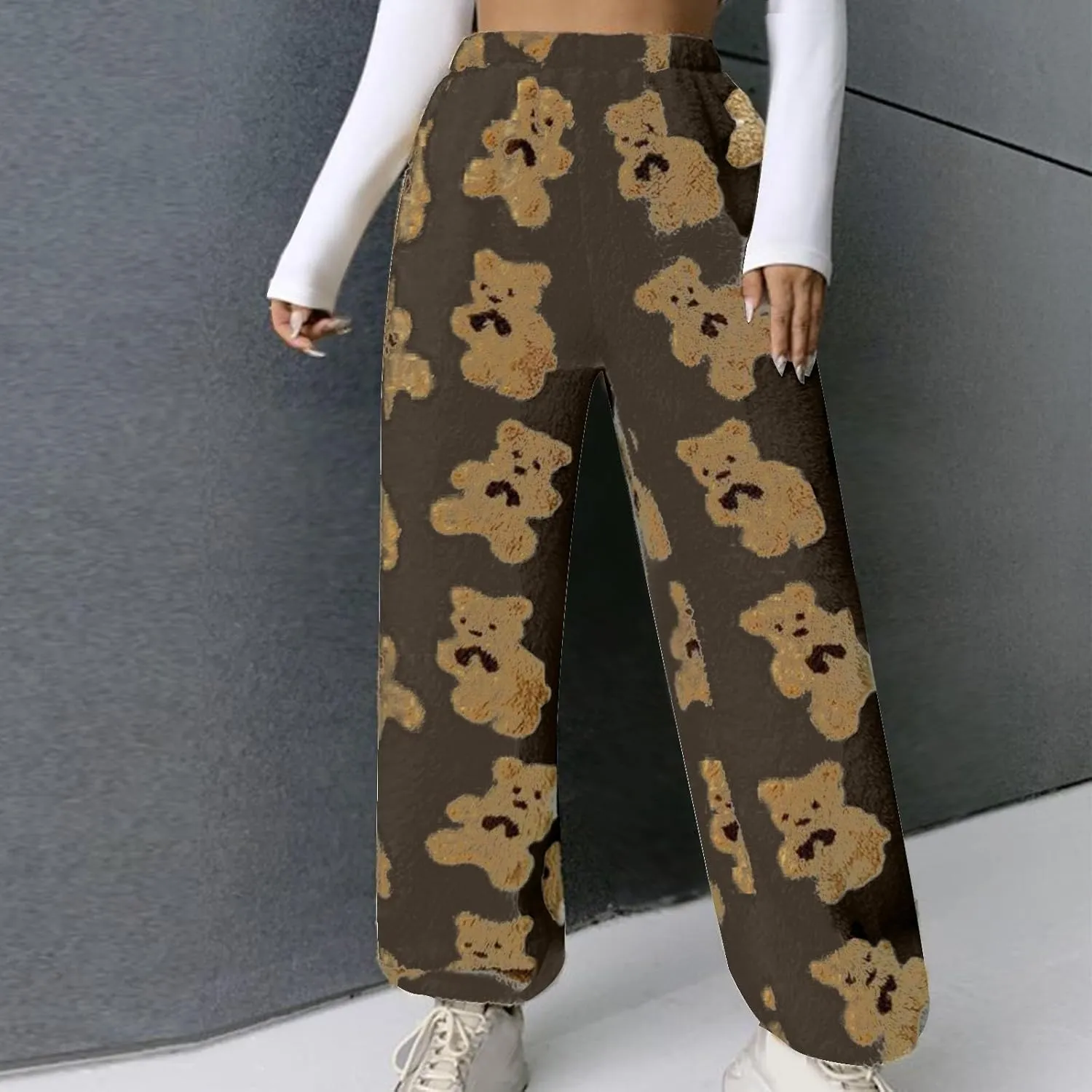Women's Winter Plush Pants Fluffy Pj Pants Women Cartoon Cute Bear Pjs Bottoms Pants Fuzzy Fleece Pajamas Pants