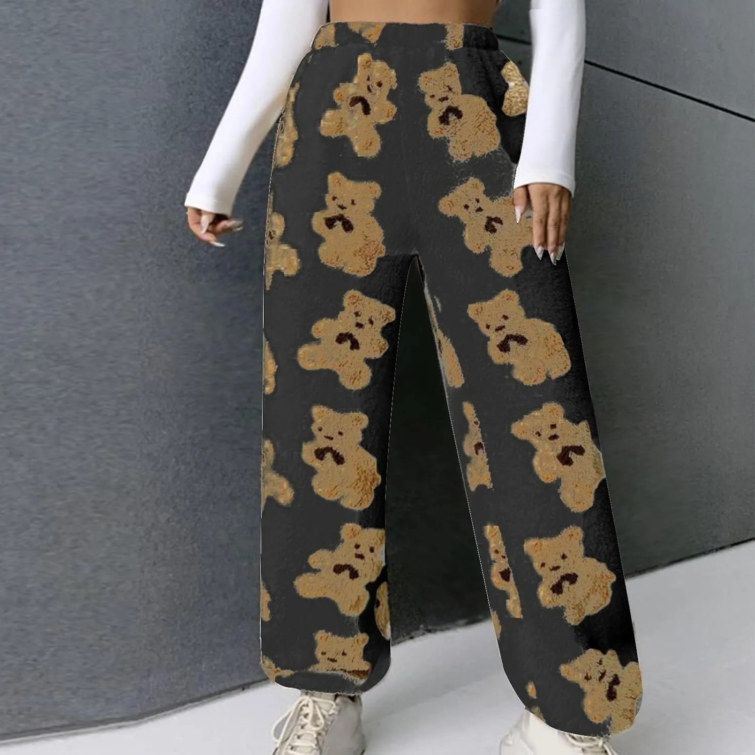 Women's Winter Plush Pants Fluffy Pj Pants Women Cartoon Cute Bear Pjs Bottoms Pants Fuzzy Fleece Pajamas Pants