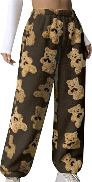 Women's Winter Plush Pants Fluffy Pj Pants Women Cartoon Cute Bear Pjs Bottoms Pants Fuzzy Fleece Pajamas Pants