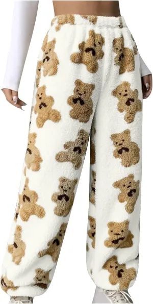 Women's Winter Plush Pants Fluffy Pj Pants Women Cartoon Cute Bear Pjs Bottoms Pants Fuzzy Fleece Pajamas Pants