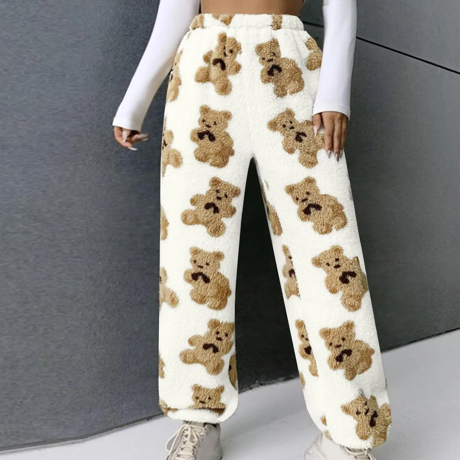 Women's Winter Plush Pants Fluffy Pj Pants Women Cartoon Cute Bear Pjs Bottoms Pants Fuzzy Fleece Pajamas Pants
