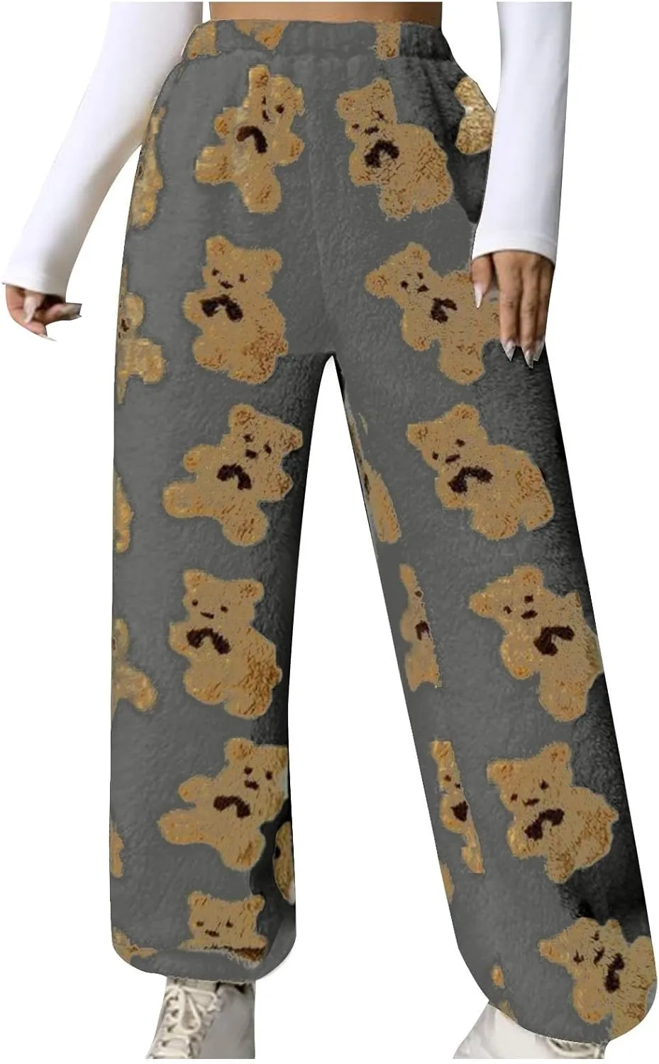 Women's Winter Plush Pants Fluffy Pj Pants Women Cartoon Cute Bear Pjs Bottoms Pants Fuzzy Fleece Pajamas Pants