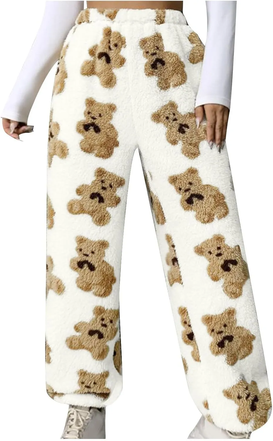 Women's Winter Plush Pants Fluffy Pj Pants Women Cartoon Cute Bear Pjs Bottoms Pants Fuzzy Fleece Pajamas Pants
