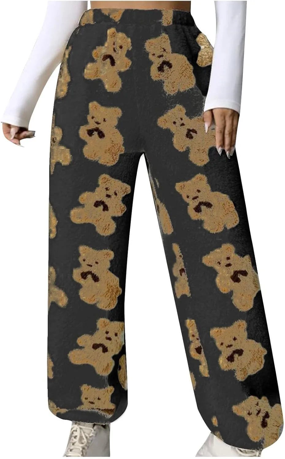 Women's Winter Plush Pants Fluffy Pj Pants Women Cartoon Cute Bear Pjs Bottoms Pants Fuzzy Fleece Pajamas Pants
