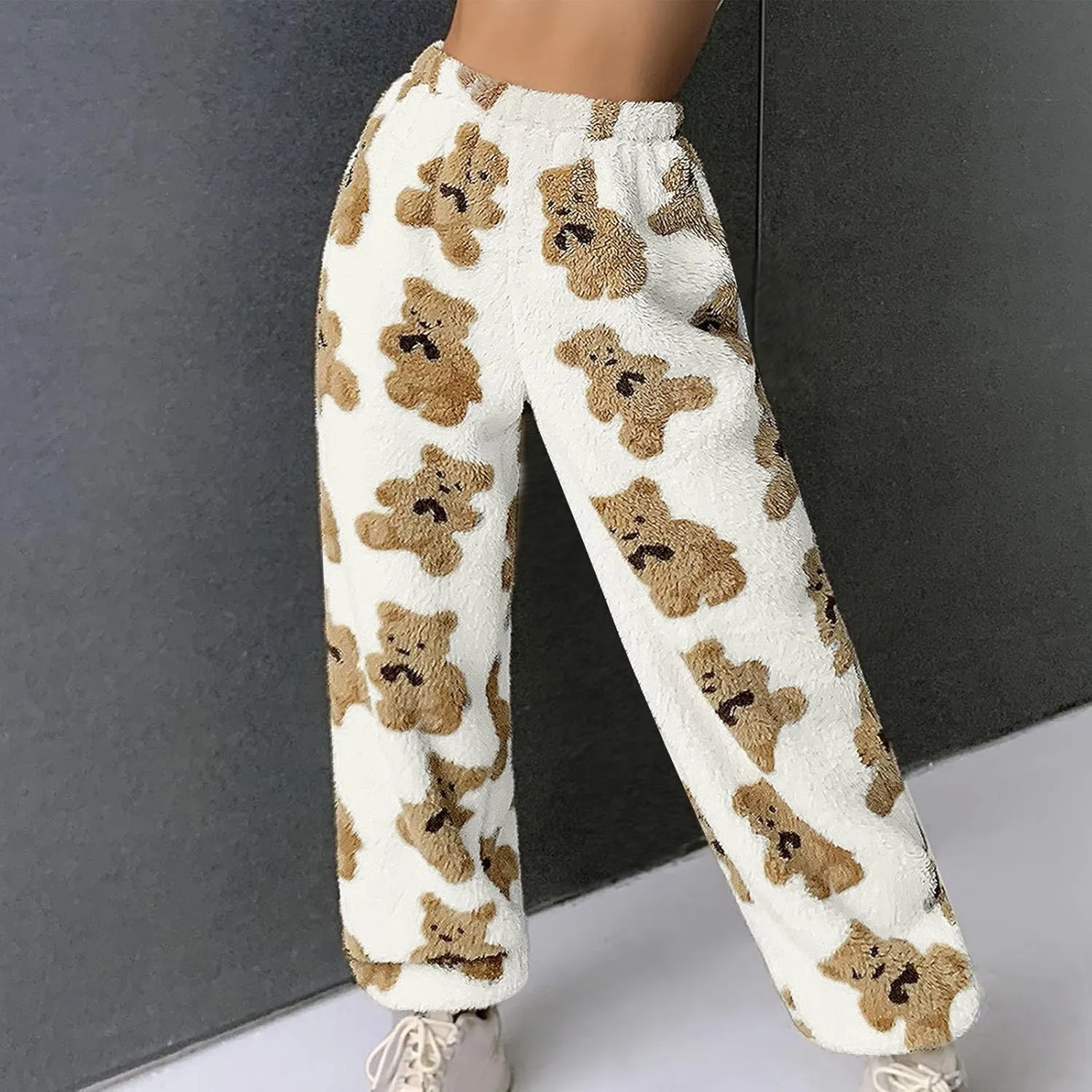 Women's Winter Plush Pants Fluffy Pj Pants Women Cartoon Cute Bear Pjs Bottoms Pants Fuzzy Fleece Pajamas Pants