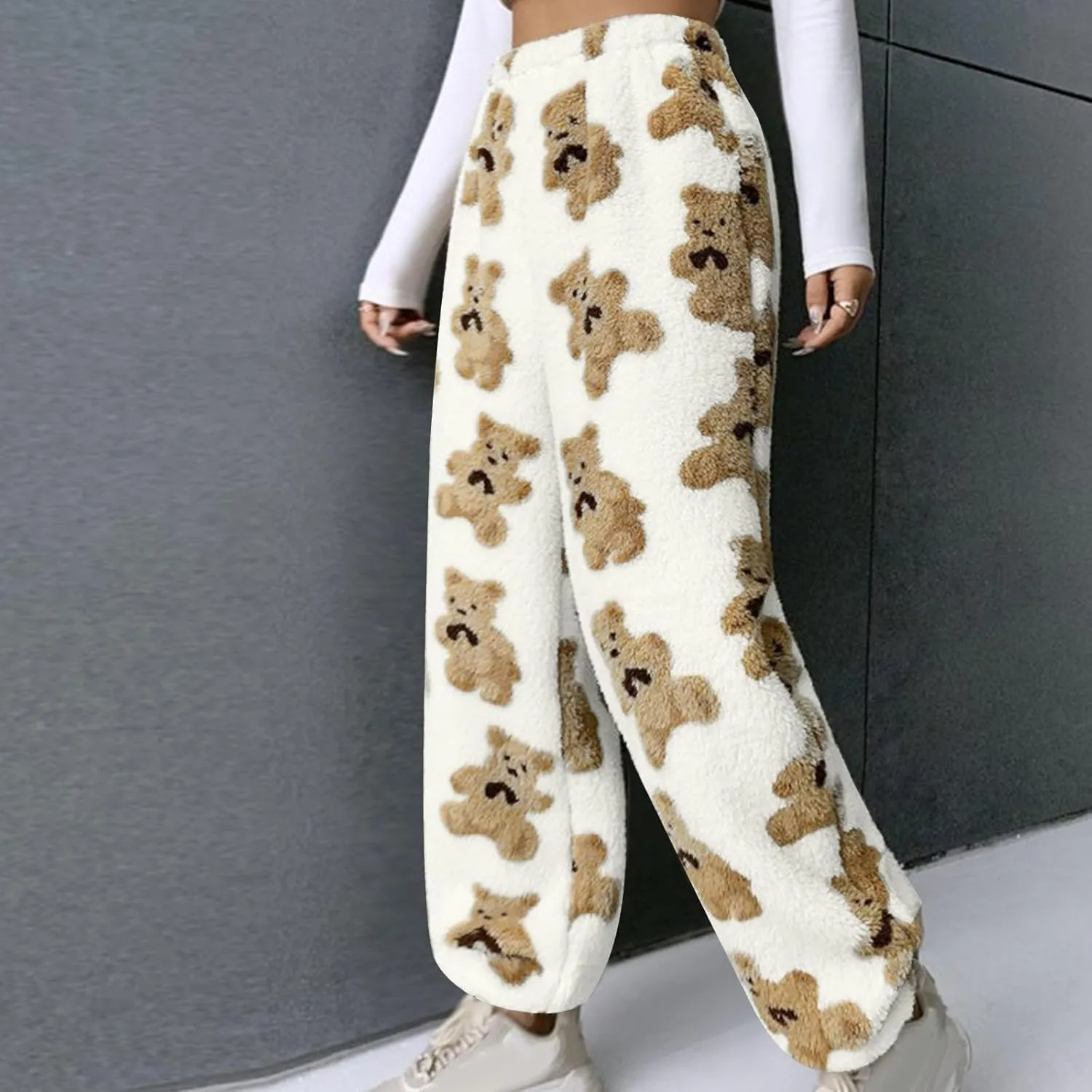 Women's Winter Plush Pants Fluffy Pj Pants Women Cartoon Cute Bear Pjs Bottoms Pants Fuzzy Fleece Pajamas Pants