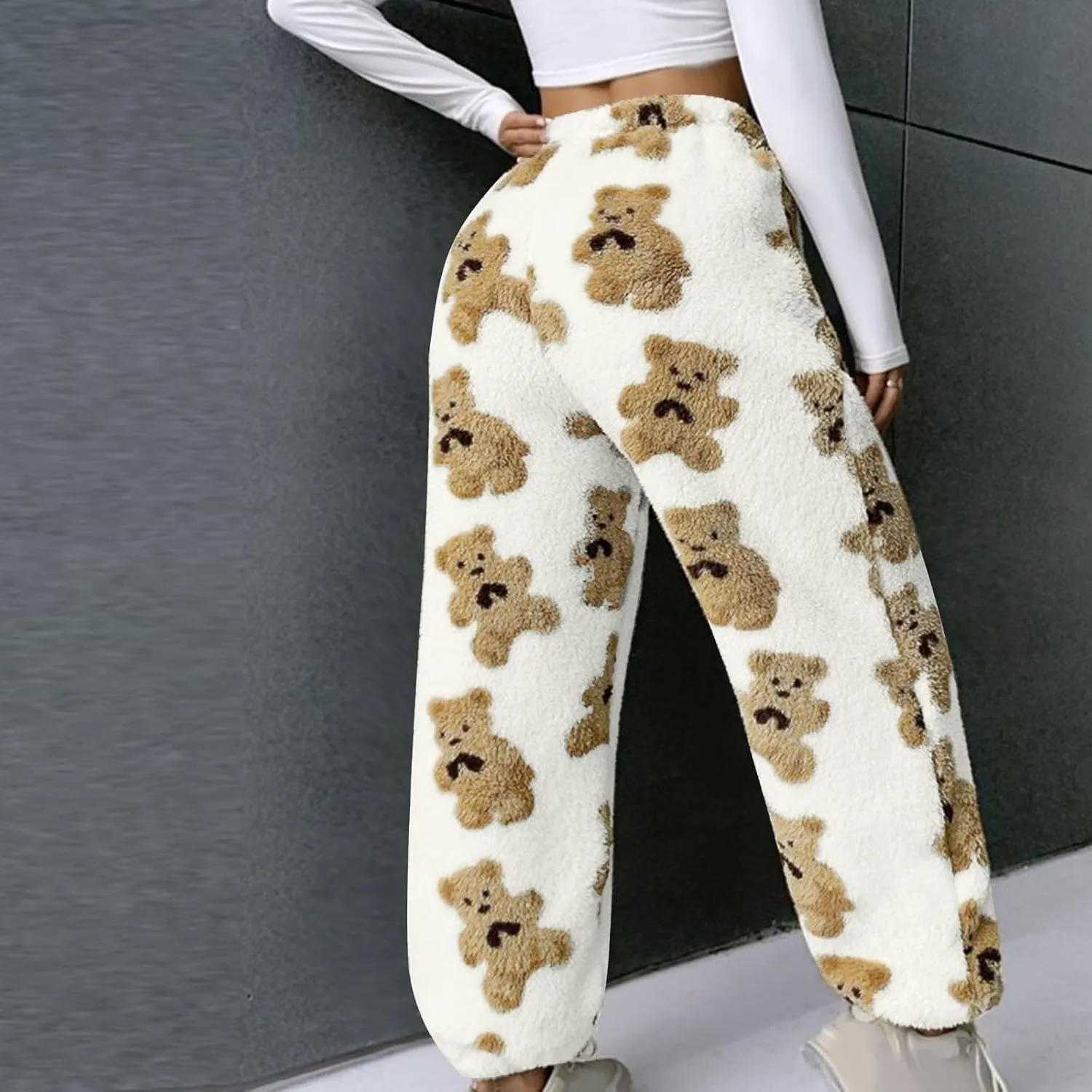 Women's Winter Plush Pants Fluffy Pj Pants Women Cartoon Cute Bear Pjs Bottoms Pants Fuzzy Fleece Pajamas Pants