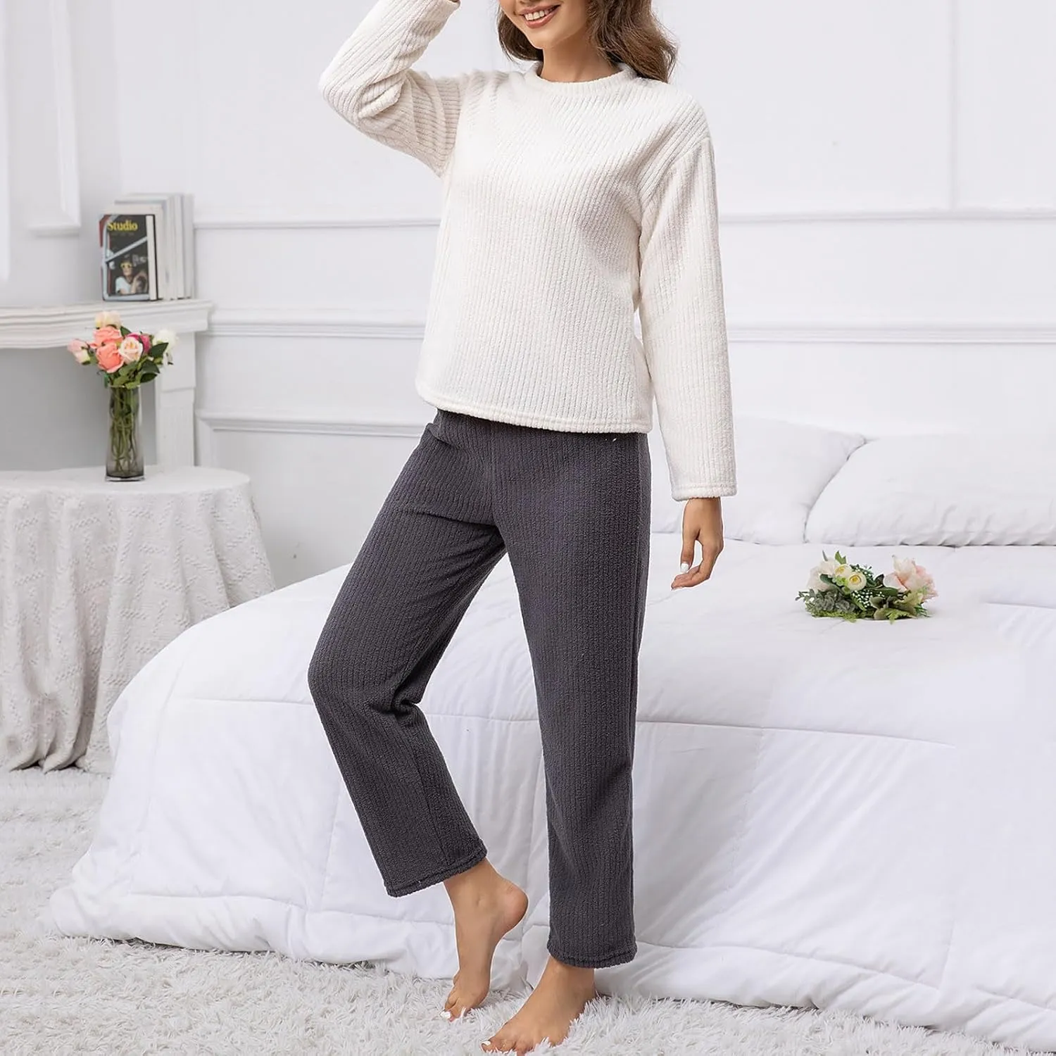 Womens Winter Warm Fleece Pajama Sets Casual Loose Long Sleeve Flannel Lounge Set Soft Ribbed Knit Cozy Pjs Sleepwear