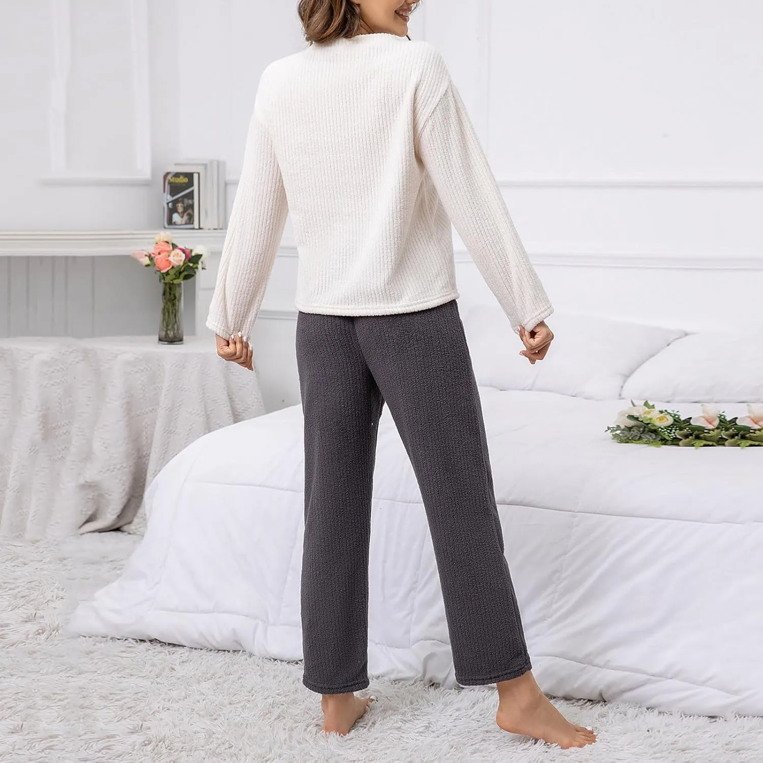 Womens Winter Warm Fleece Pajama Sets Casual Loose Long Sleeve Flannel Lounge Set Soft Ribbed Knit Cozy Pjs Sleepwear