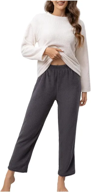 Womens Winter Warm Fleece Pajama Sets Casual Loose Long Sleeve Flannel Lounge Set Soft Ribbed Knit Cozy Pjs Sleepwear