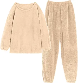 Womens Winter Warm Fluffy Pajamas Set Fuzzy Fleece Pullover Sweaters Pants Lounge Outfit Thicken Cozy Plush Sleepwear