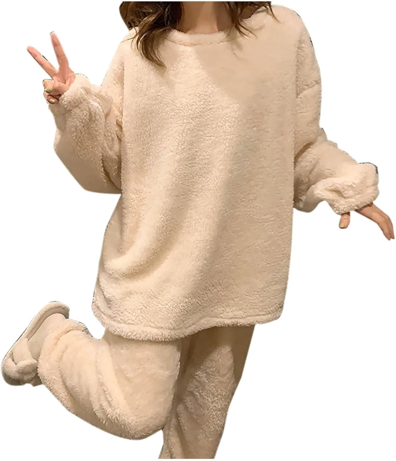 Womens Winter Warm Fluffy Pajamas Set Fuzzy Fleece Pullover Sweaters Pants Lounge Outfit Thicken Cozy Plush Sleepwear