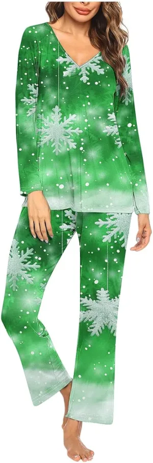 Womens Xmas Pajama Sets Long Sleeve V Neck Tunic Tops Cropped Pants Lounge Sets Soft Christmas Tree Print Loungewear