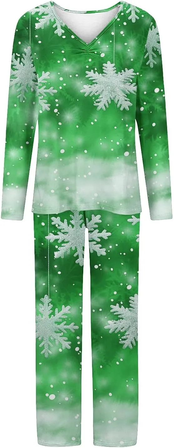 Womens Xmas Pajama Sets Long Sleeve V Neck Tunic Tops Cropped Pants Lounge Sets Soft Christmas Tree Print Loungewear