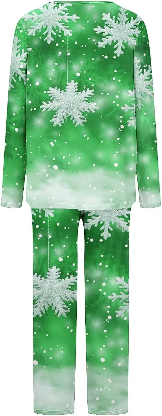 Womens Xmas Pajama Sets Long Sleeve V Neck Tunic Tops Cropped Pants Lounge Sets Soft Christmas Tree Print Loungewear