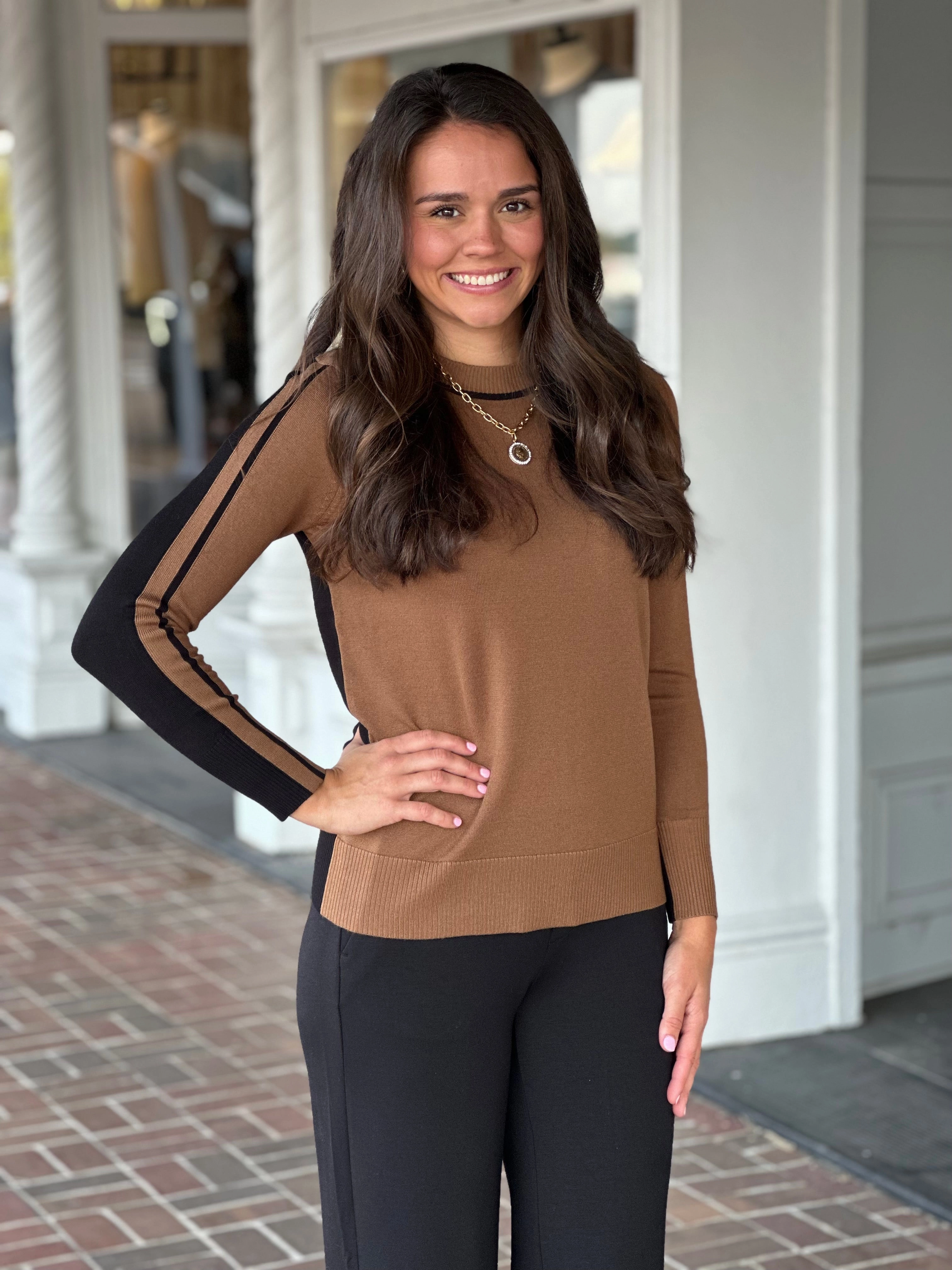 Wood Brown Crewneck Black Stripe Panel Sweater Durable Interlock Stitch EcoFriendlyBlend