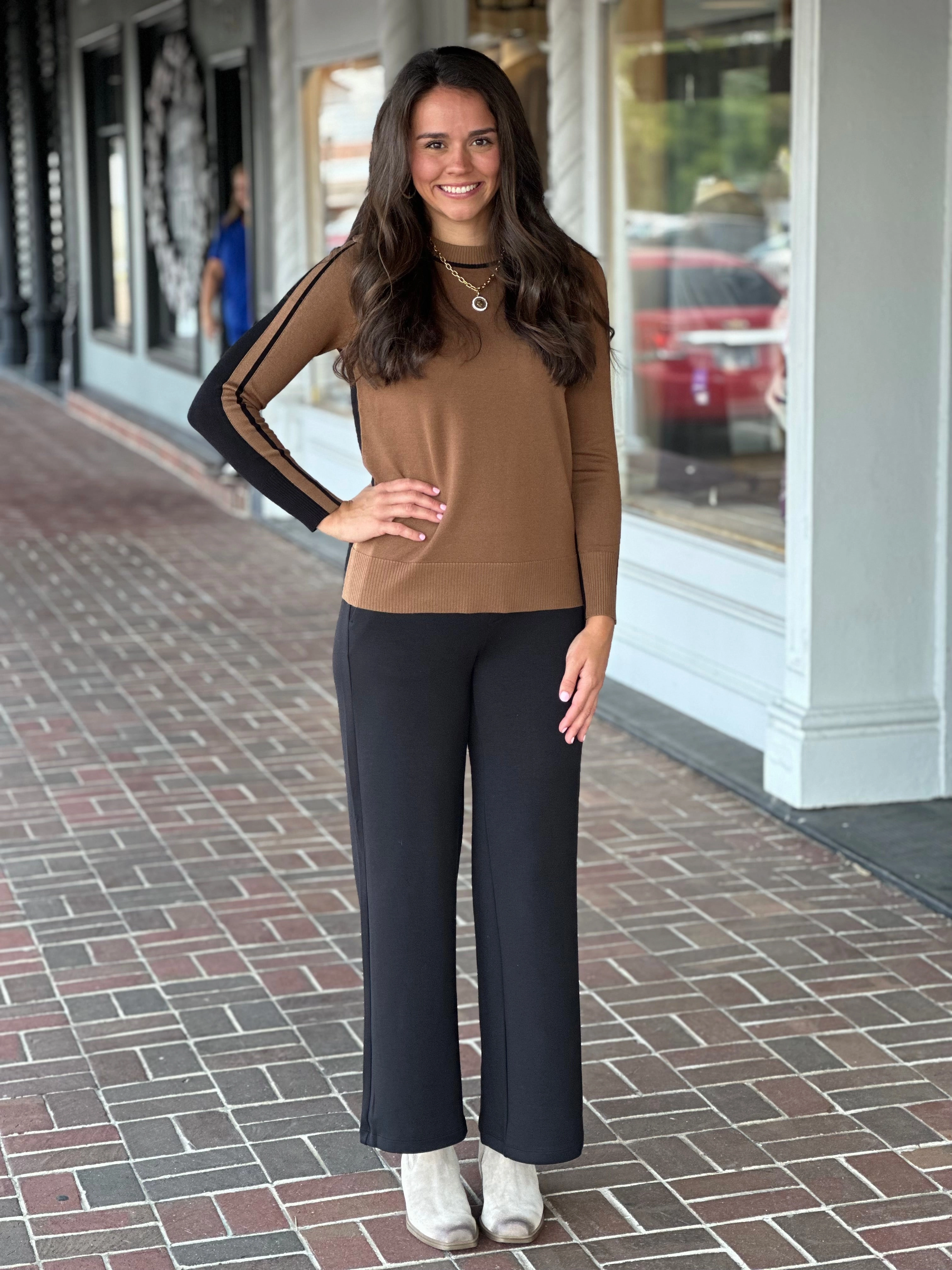 EcoCertified Material Bound Seam Finish Wood Brown Crewneck Black Stripe Panel Sweater