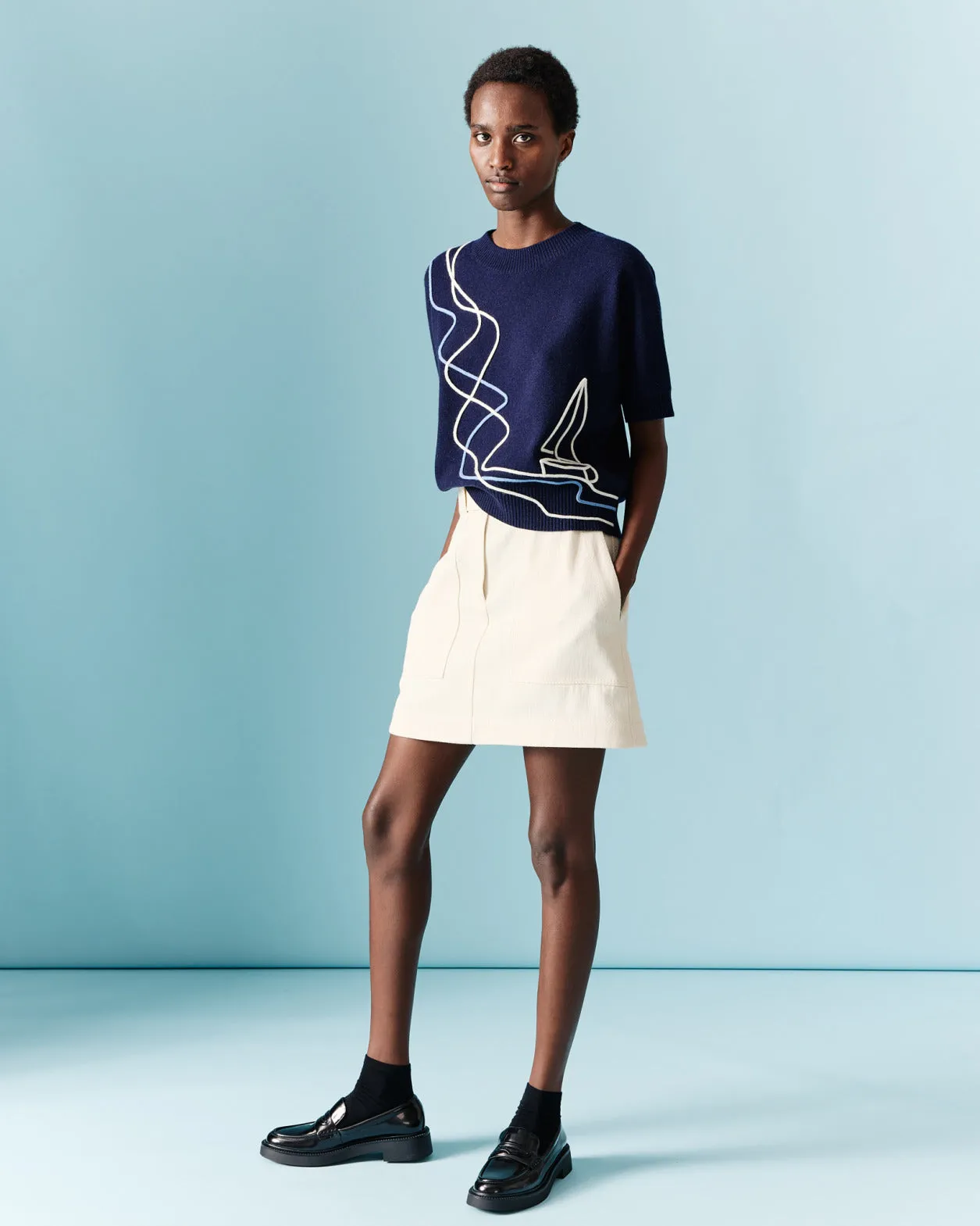 Wool Cashmere Knit Sweater with Sailboat Detail
