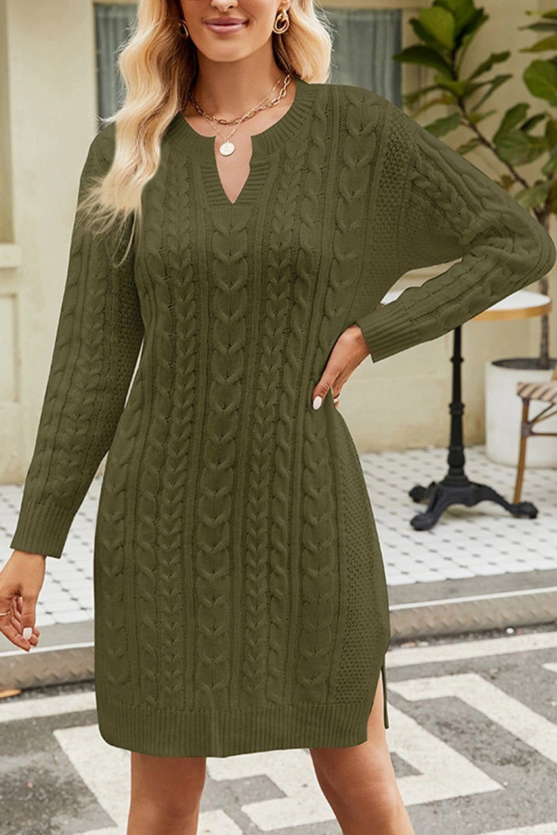 LONG SLEEVE V NECK TWO SIDE SLIT SWEATER DRESS Sharp Look Nordic Calm