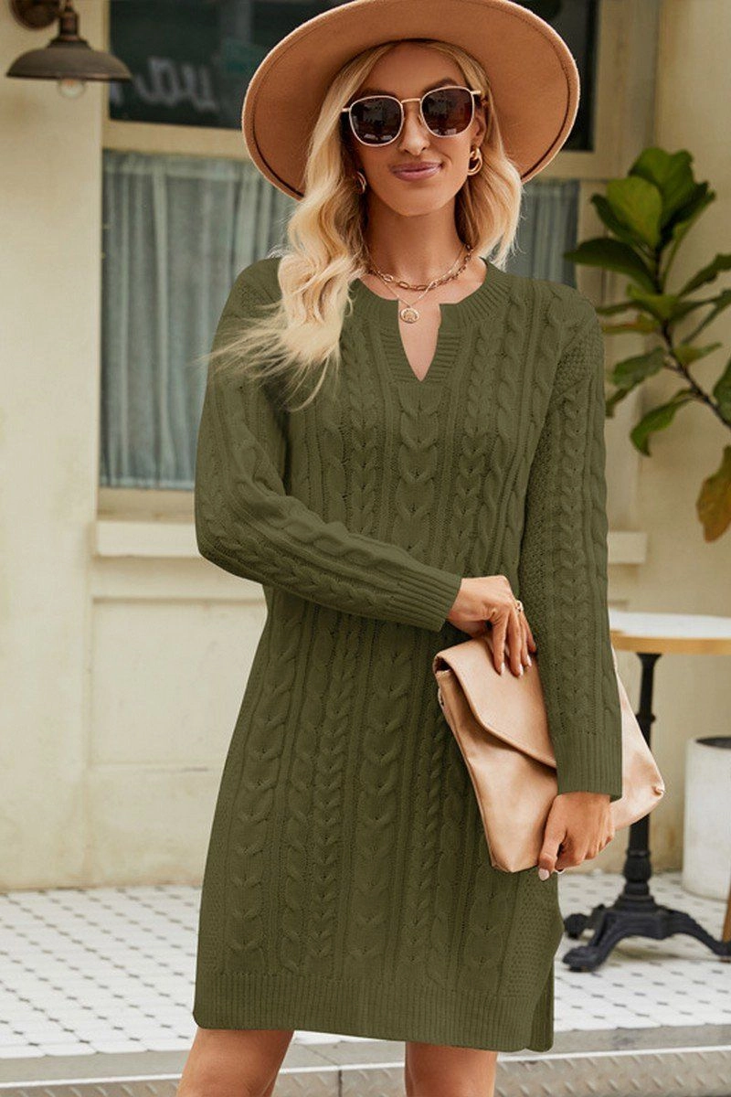 Chic and Cozy Wear LONG SLEEVE V NECK TWO SIDE SLIT SWEATER DRESS