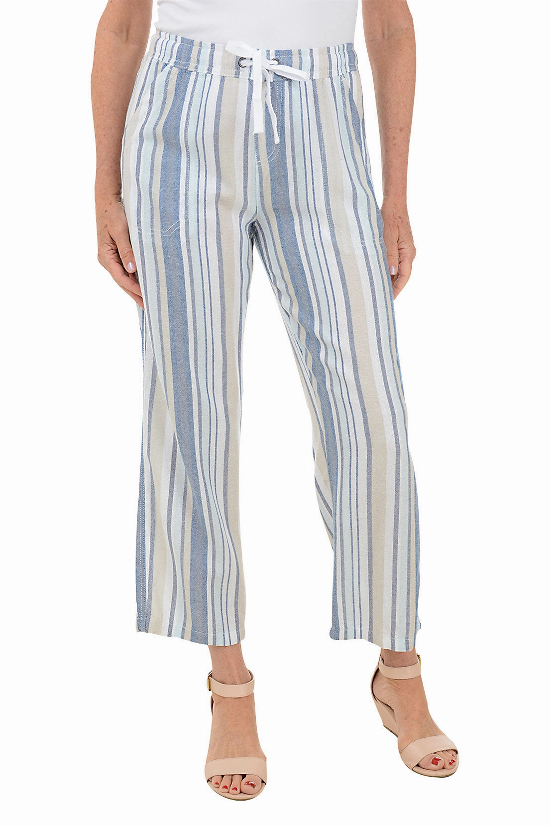 Modular Pocket System Hygienic Coating Natural Blue Striped Linen Blend Pant