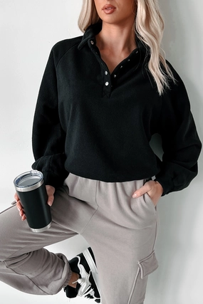 ButtonDownCollar Minimalist Cuff Working Remotely Fleece Pullover Top (Black)