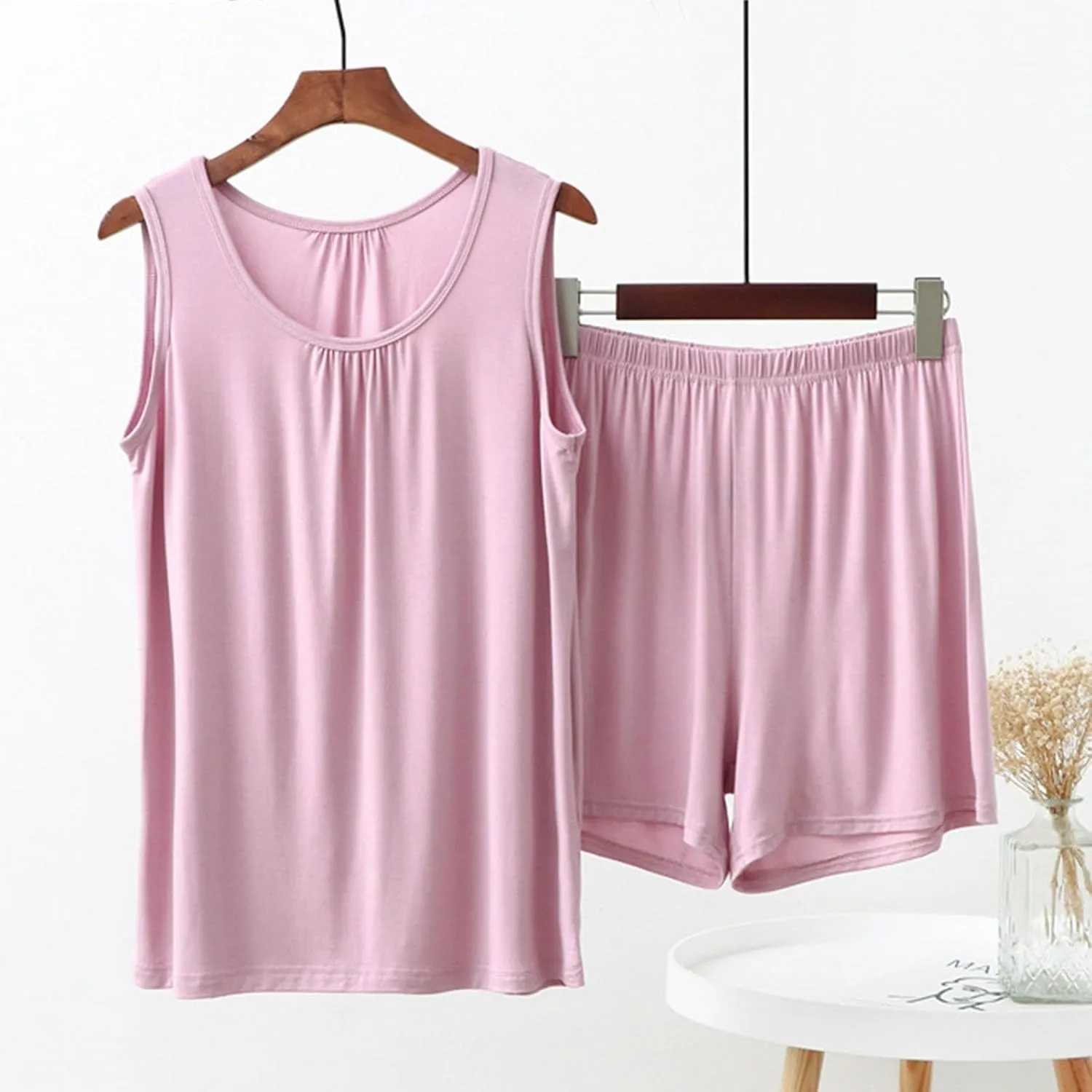 Workout Lounge Sets for Women Breathable Loose Fit Tanks Top Sleeveless Gym Shirt and Shorts Comfy Modal Pajamas Sets