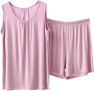 Workout Lounge Sets for Women Breathable Loose Fit Tanks Top Sleeveless Gym Shirt and Shorts Comfy Modal Pajamas Sets