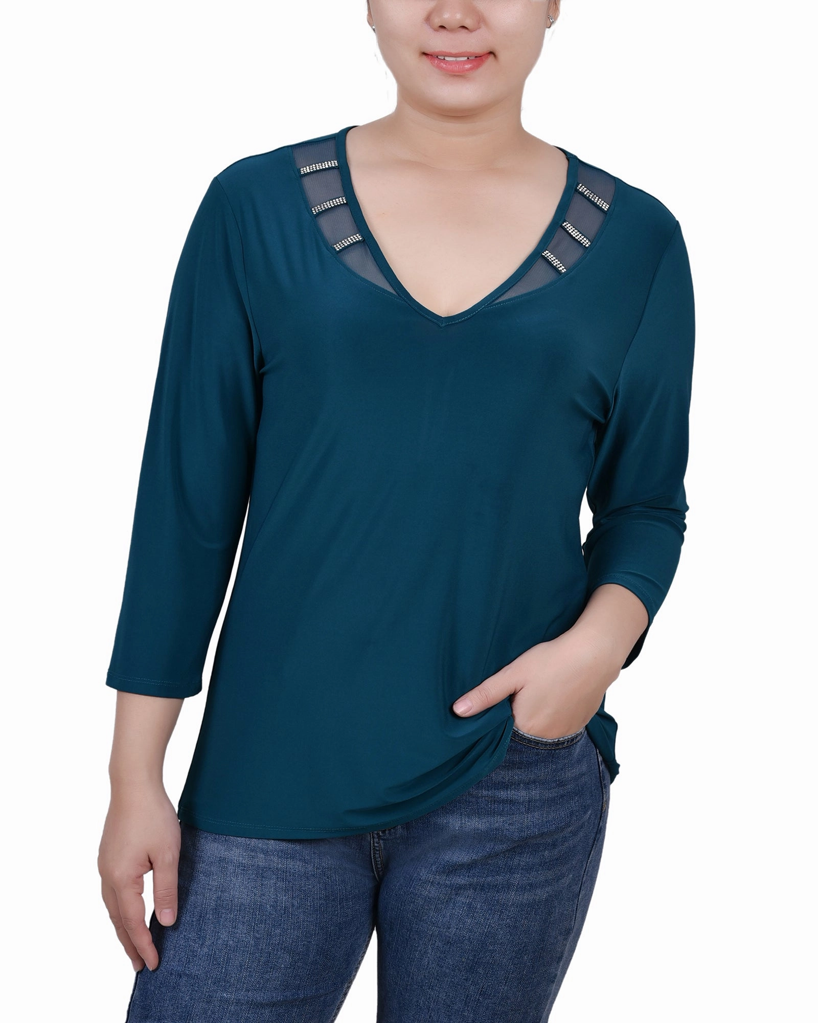 Durable Weave Petite 3/4 Sleeve Top With Illusion Neckline and Stones