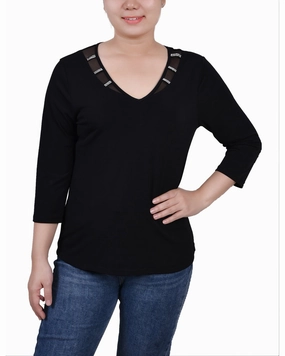 simple design MicrofiberBlend Petite 3/4 Sleeve Top With Illusion Neckline and Stones