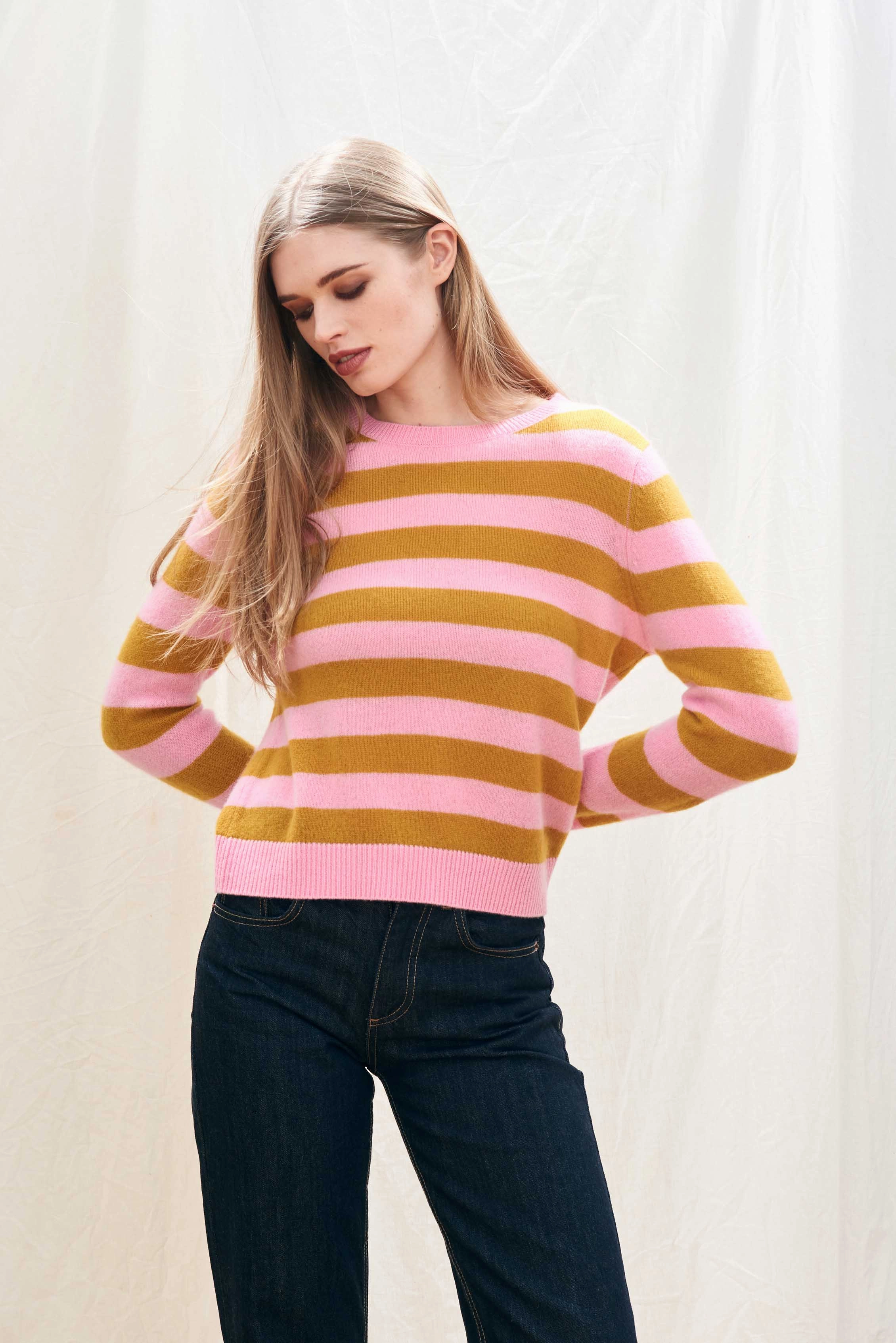 Zero Waste Cut Pattern TwillWeave Stripe Crew Candy/Spicy Mustard