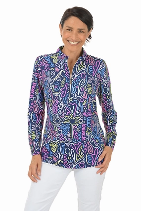 Navy Beach Drawings Cooling UPF50  Mock Neck Top TemperatureRegulating