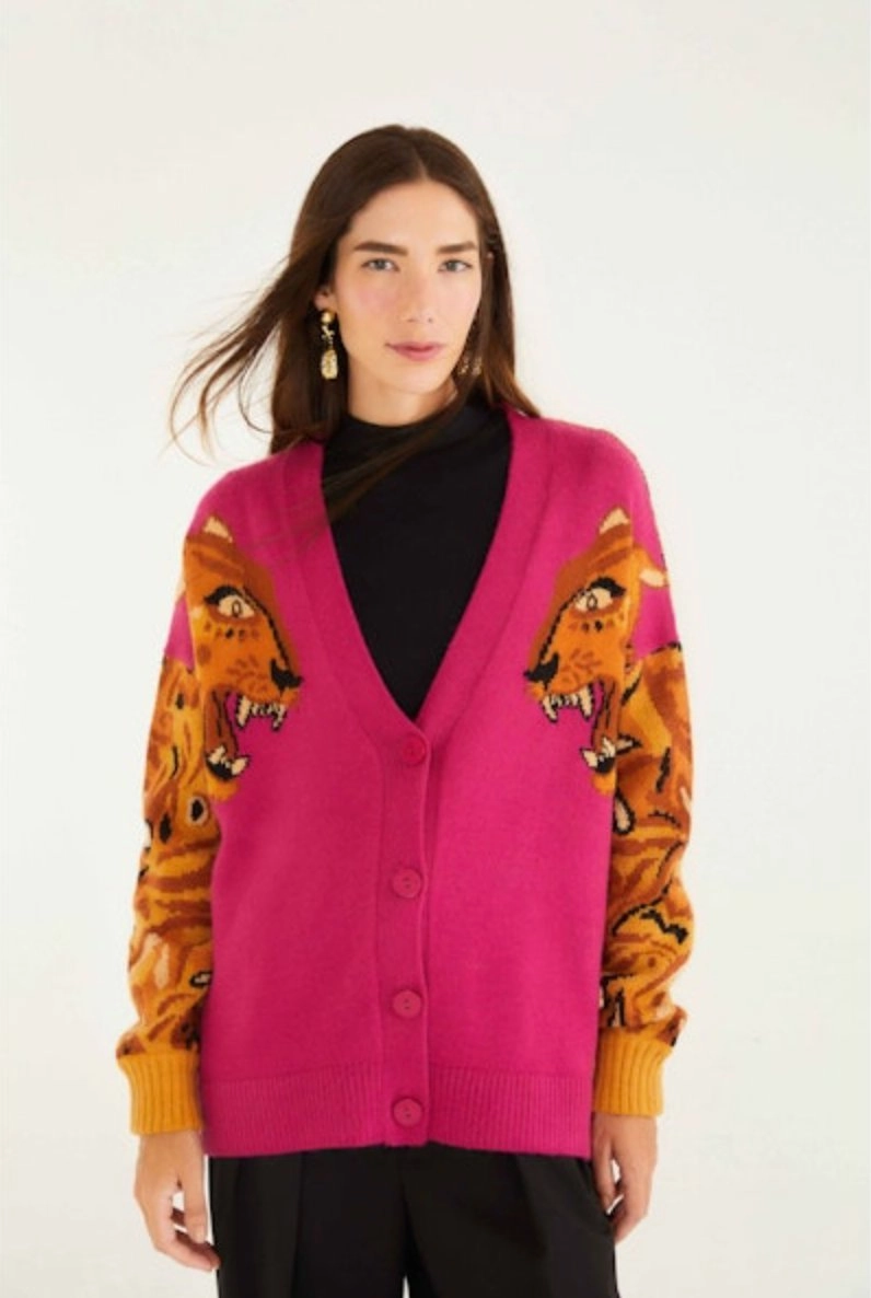 Simple Pullover Hidden Zipper Closure Bold Tiger Sleeve Knit Cardigan