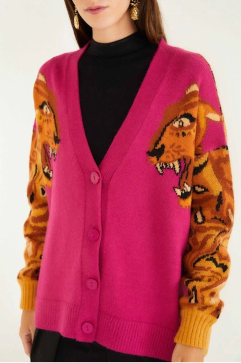Bold Tiger Sleeve Knit Cardigan BreathableMeshPanels