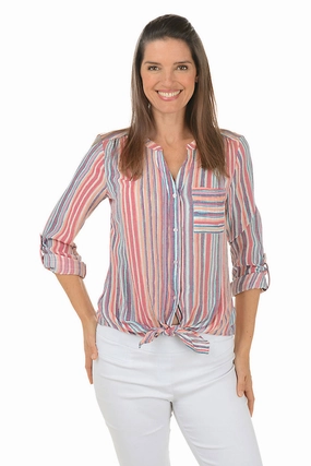 Lightweight Material SunProtective Petite Sunset Striped Button-Front Blouse