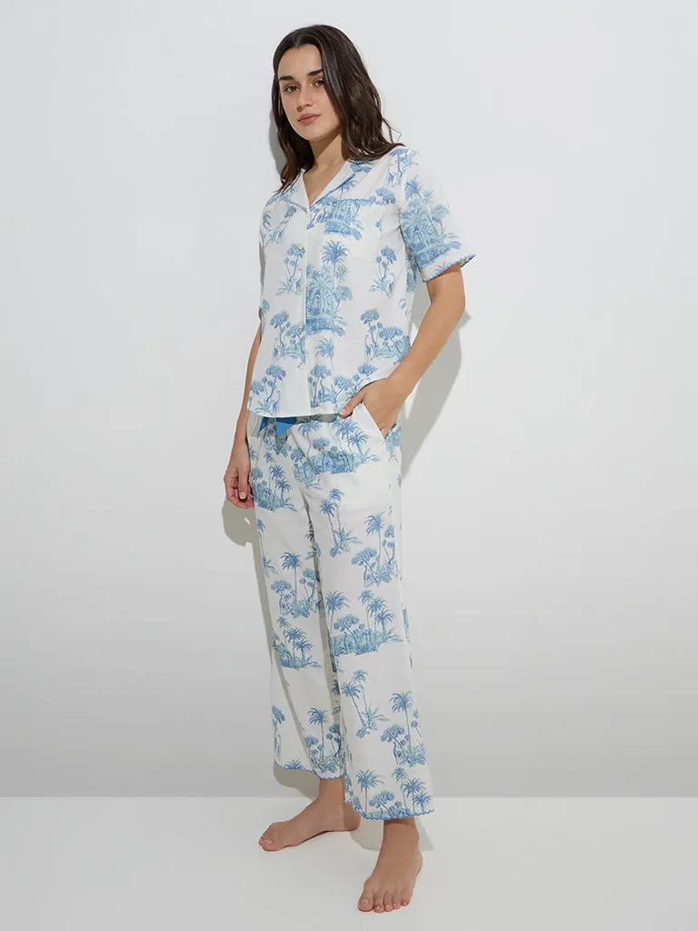 Wunderlove Aqua Printed Cotton Shirt with Pyjamas Set