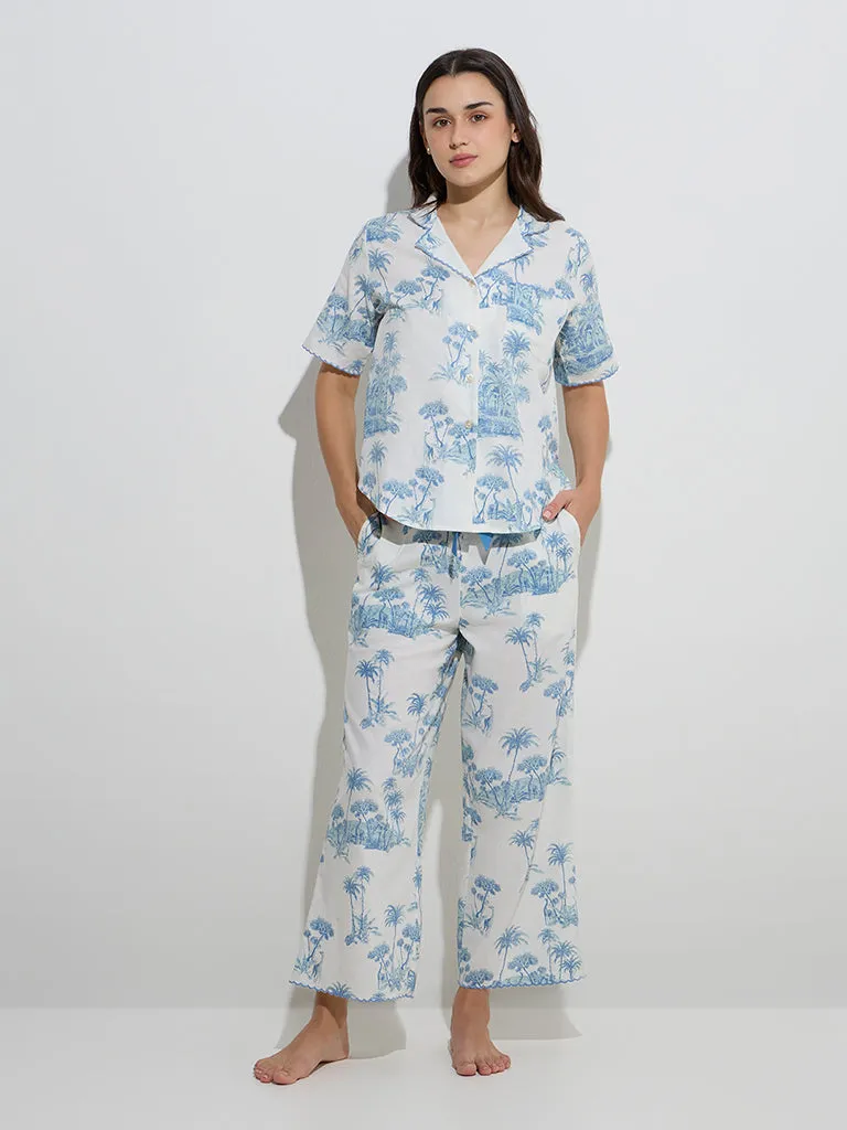 Wunderlove Aqua Printed Cotton Shirt with Pyjamas Set