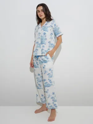 Wunderlove Aqua Printed Cotton Shirt with Pyjamas Set