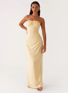 Xena Gathered Maxi Dress - Yellow Outfit Boost Asymmetrical hem