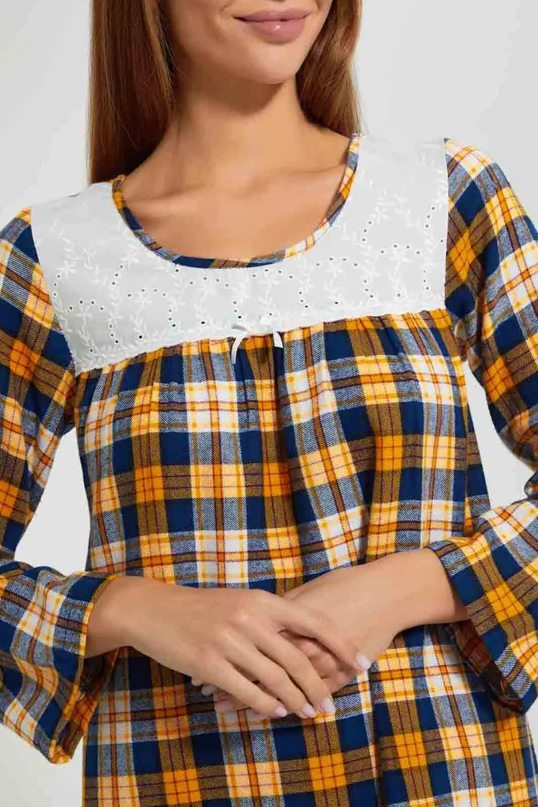 Yellow And Navy Yarn Dyed Checkered Nightgown