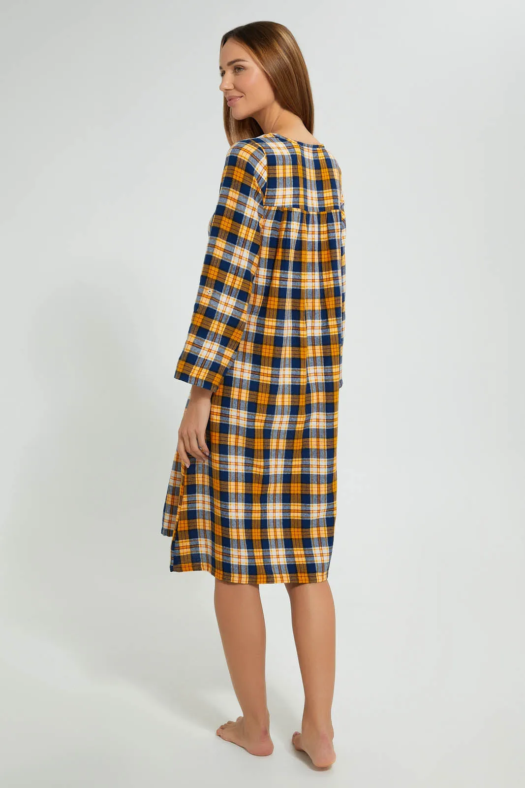 Yellow And Navy Yarn Dyed Checkered Nightgown