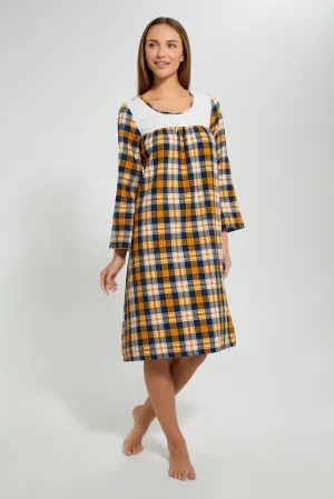 Yellow And Navy Yarn Dyed Checkered Nightgown
