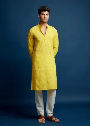 Yellow Cotton Kurta - Embroidery & Print