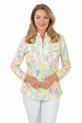Yellow Beach Drawings Cooling UPF50  Mock Neck Top VentedBack