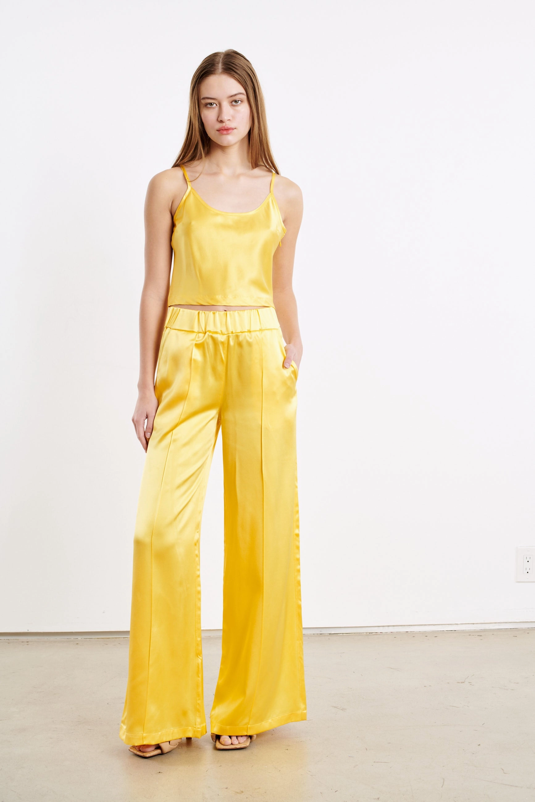 Double Stitched Seams Yellow Silk Cropped Cami