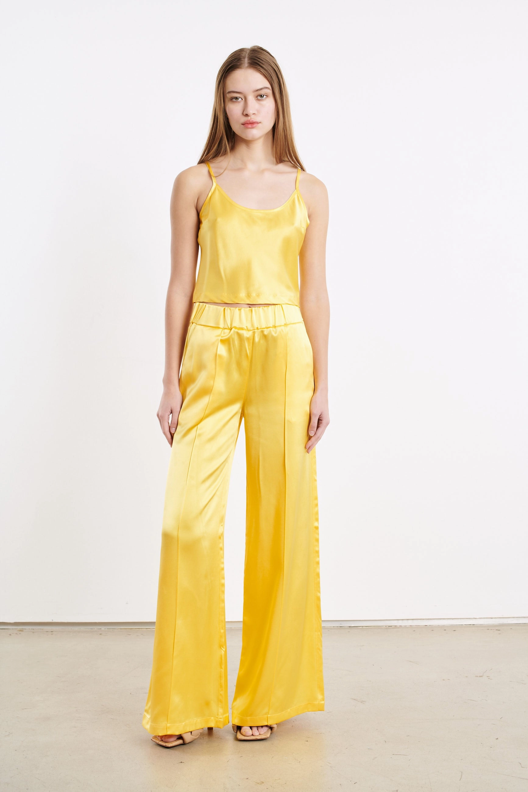 Yellow Silk Wide Leg Pintuck Pants Seasonal Wear Comfort Flex