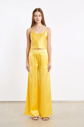 Yellow Silk Wide Leg Pintuck Pants Body shaping Low-rise style