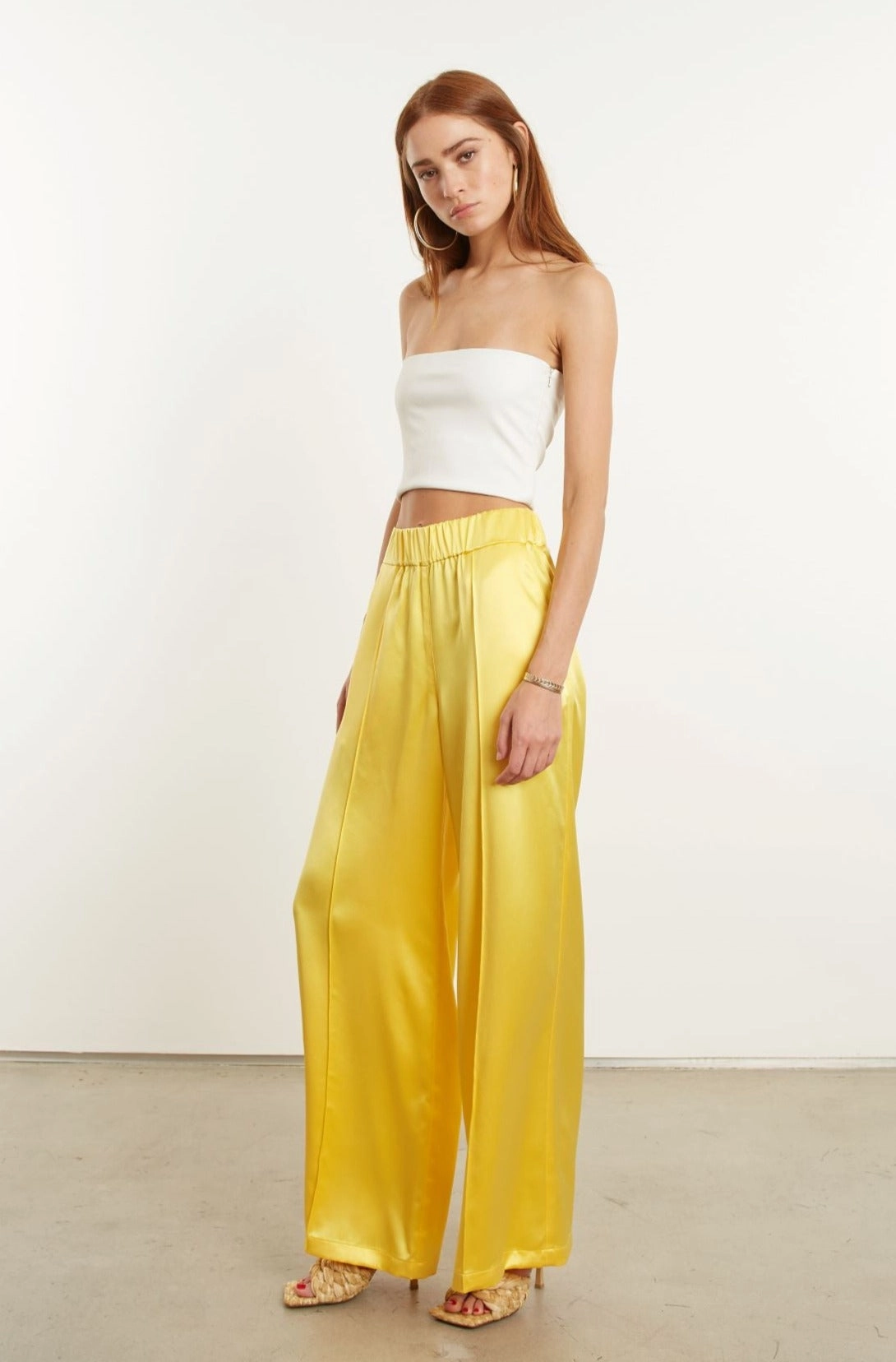 OdorResistant Sporty Function Yellow Silk Wide Leg Pintuck Pants